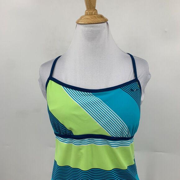 Nike Tankini Womens 10 Blue Green Striped Lightly Padded Moisture Wick UPF - Picture 3 of 11